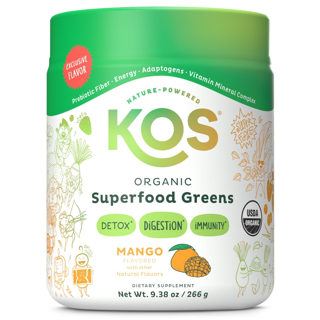 KOS Organic Superfood Greens Powder - Gut Health von Prebiotic Fiber, Supergreens and Adaptogens - USDA Certified Organic, Made in a GMP Certified Facility - 28 Servis Mango