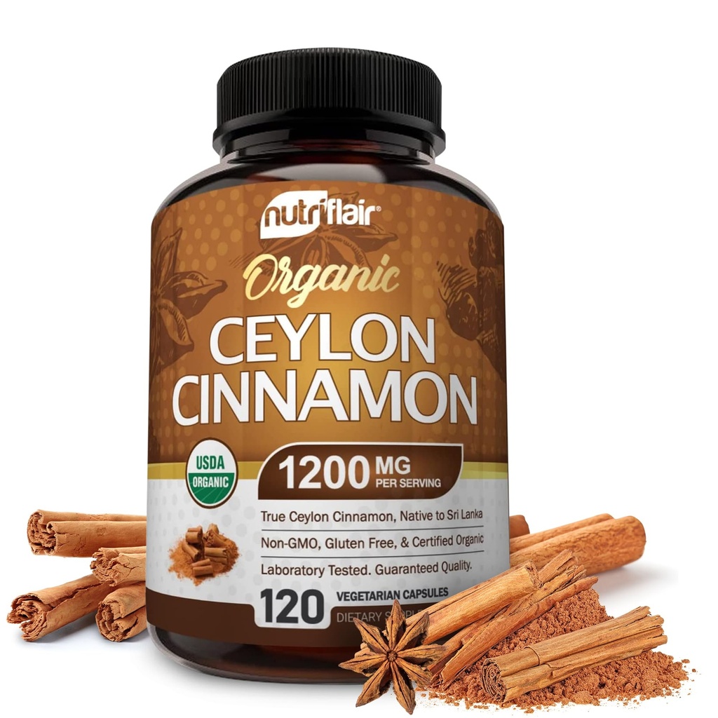 NutriFlair Organic Ceylon Cinnamon Supplement 1200mg, 120 Kapseln - USDA Zertifiziert - Non-GMO, Glutenfreies Pulver, Antioxidante Pillen