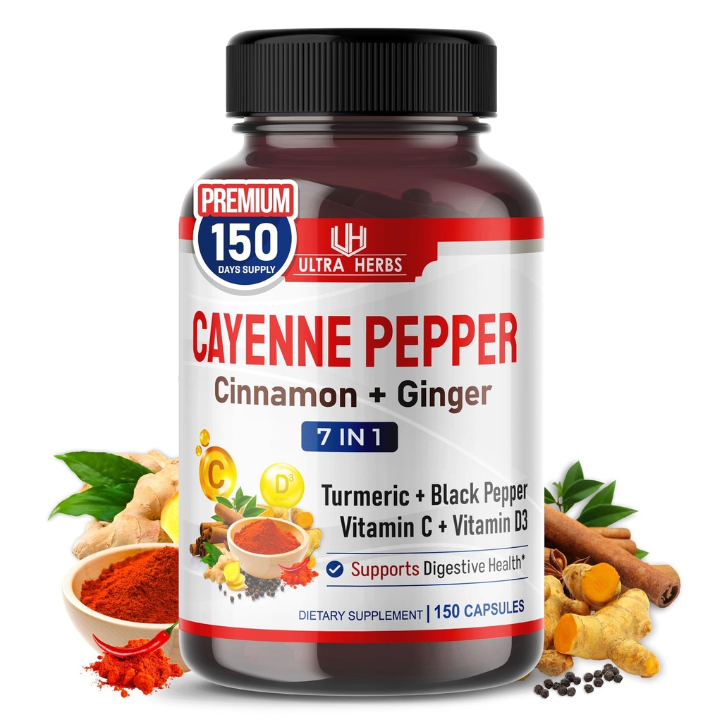 Cayenne Pepper 7 in 1 - mit Ginger, Turmeric, Cinnamon, Black Pepper - Fördert Verdauungssystem Funktion (150-Tage-Versorgung (Pack von 1))