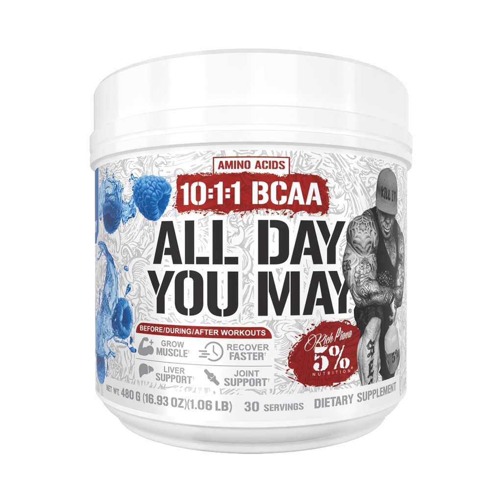 5% Ernährung Rich Piana AllDayYouMay BCAA Pulver | Premium Intra & Post Workout Aminosäuren, EAA, Elektrolyte | Hydration, Endurance, Erholung | Vegan & Keto | 16.4 Unze, 30 Srvgs (Blaue Himbeere)