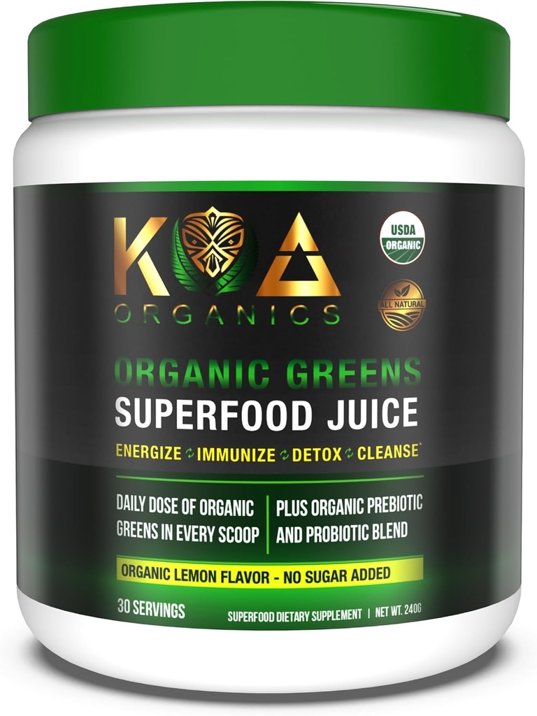Greens Superfood Juice Powder - USDA Organic Super Greens Powder mit Spirulina, Chlorella, Matcha, Weizengras, Verdauungsenzyme & Probiotika - Lemon Flavor -30 ServQ
