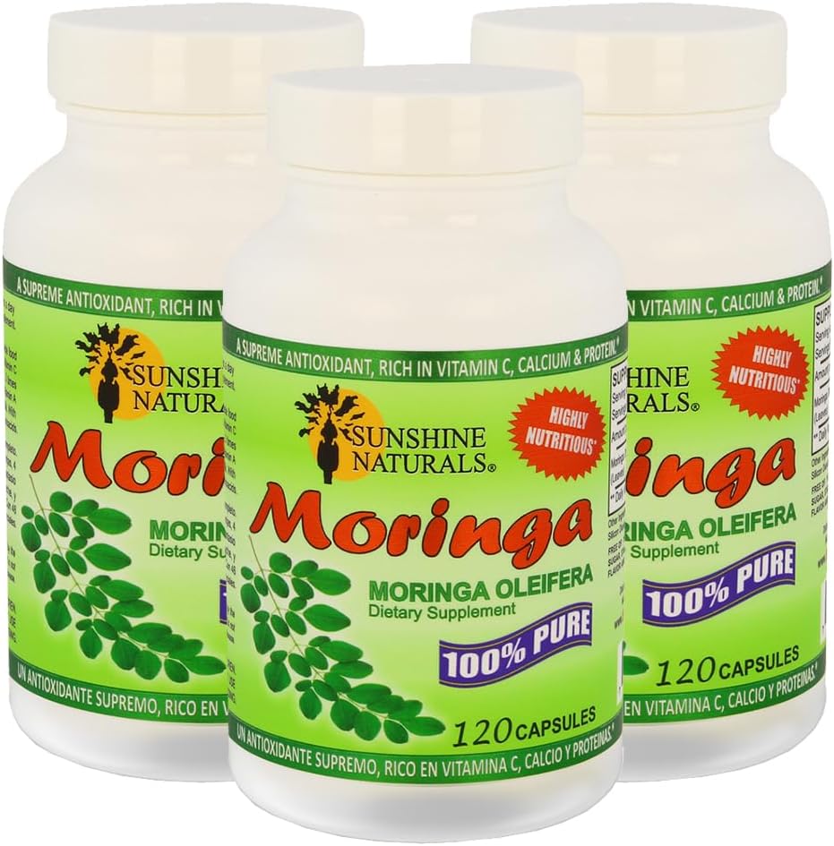 Sunshine Naturals Moringa Nahrungsergänzung. Immunsystem Aid, Energy Booster, Antioxidans Support und Nährstoff-Rich Superfood. Fördert Verdauung und Herzgesundheit. 120 Kapseln. Pack von 3