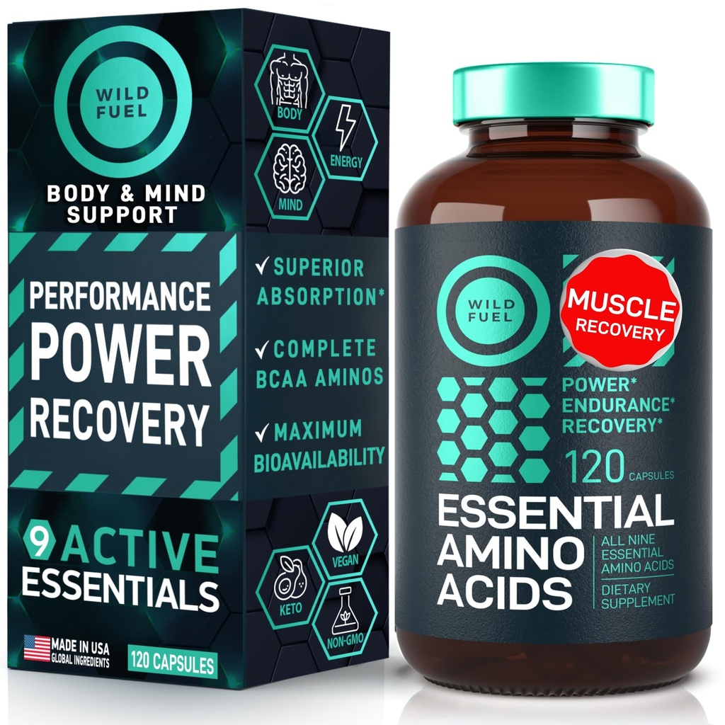Integratore di aminoacidi essenziali - Tutti 9 EAA con aminoacidi BCAAs (Leucina, Lysine, Valine, Threonine) - 3.000mg Per Serving - Crescita del muscolo, Potenza, Recupero - 120 Vegan, Caffeina