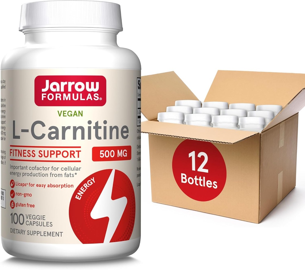 Jarrow Formulas L-Carnitine 500 mg - 100 Veggie Licaps - Cofattore importante per la produzione di energia (ATP) da grassi - Integratore alimentare - Vegan - Fino a 100 Serve, Confezione da 12