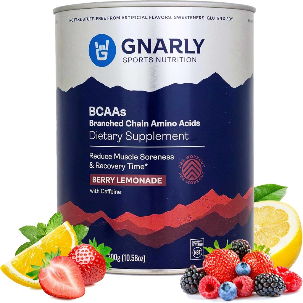 Gnarly Nutrition BCAA Poudre, Berry Lemonade – Pré-entraînement BCAAS Amino Acides – NSF Sport Certifié – Supplément pour soutenir et reconstruire Muscle – Berry Lemonade avec caféine, 10,58 oz