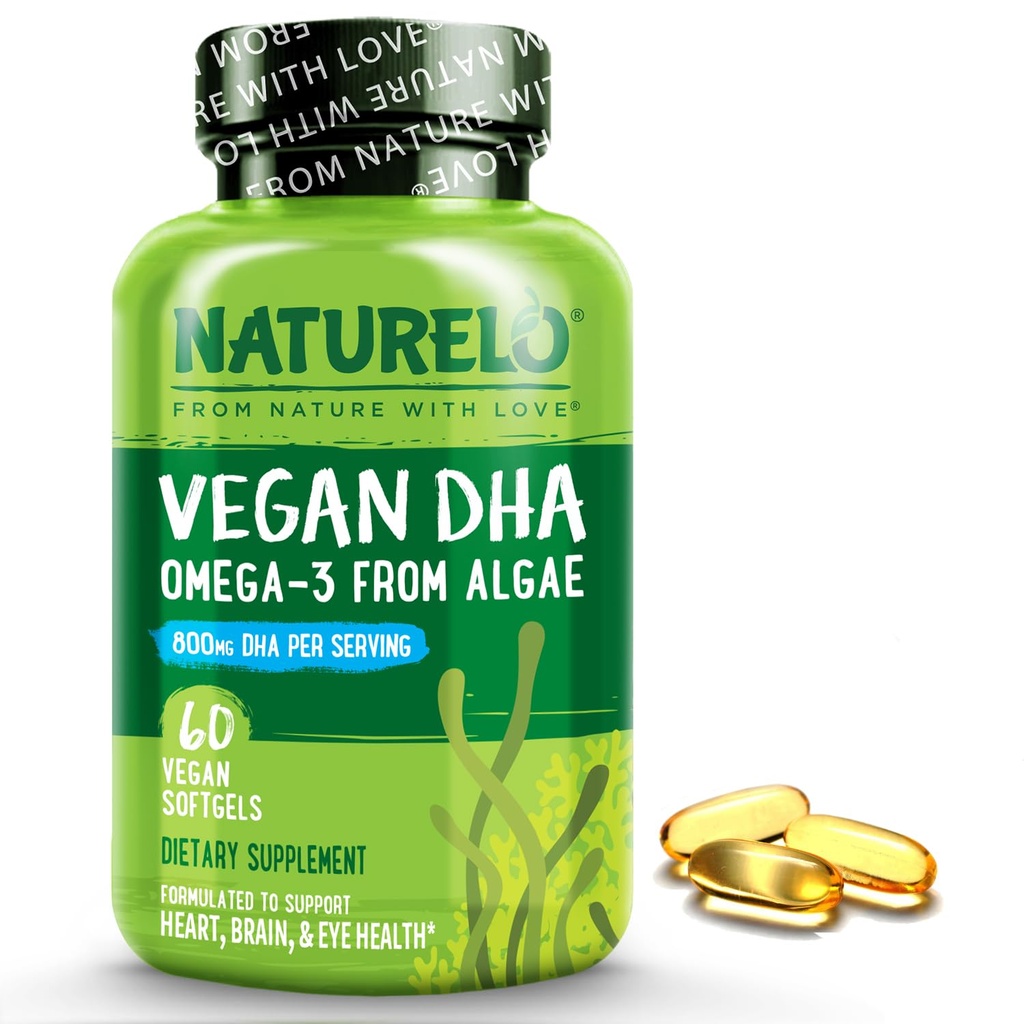 NATURELO Vegan DHA - Omega 3 Öl von Algae - Ergänzung für Gehirn, Herz, Gelenk, Augengesundheit - Bietet essentielle Fettsäuren für Frauen, Männer und Kinder - Ergänzungen Pränatale Vitamine - 60 Softgels