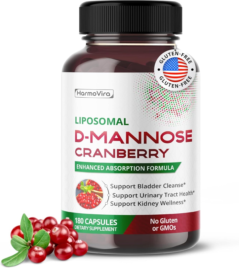 Liposomal D-Mannose Cranberry Supplement – 180 Capsules | Uva Ursi, Hibiscus, Black Pepper | Enhanced Absorption Formula | Non-GMO, Gluten-Free