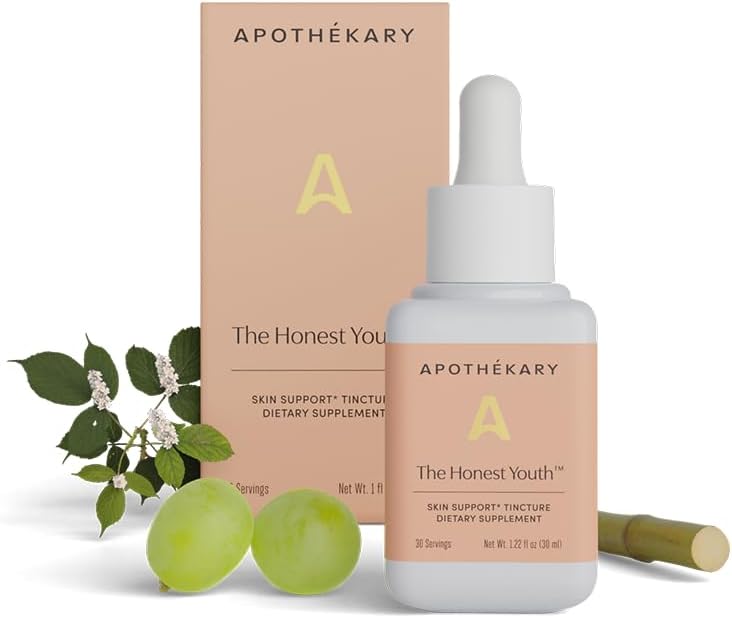 Apothékary The Honest Youth, Collagen unterstützen Kräuterflüssigkeit Tropfen | 100% pflanzliche Haut Gesundheit, Zuckerfrei, Vegan, flüssiges Kollagen mit Reishi und Tremella Pilz - 30 Servierungen - 1,22 fl oz