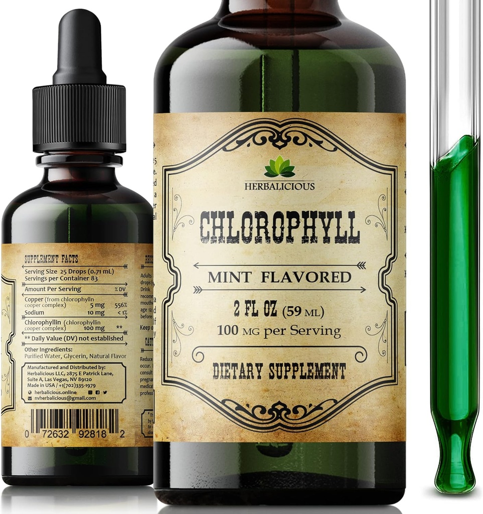 Clorofilla Liquid Drops – Organic Natural Detox & Cleanse Support – Boost Energy, Immunity & Metabolism – Vegan, Non-GMO, Mint Flavor, 2 fl oz – Sodium Copper Chlorophyllin Extract – Made in USA