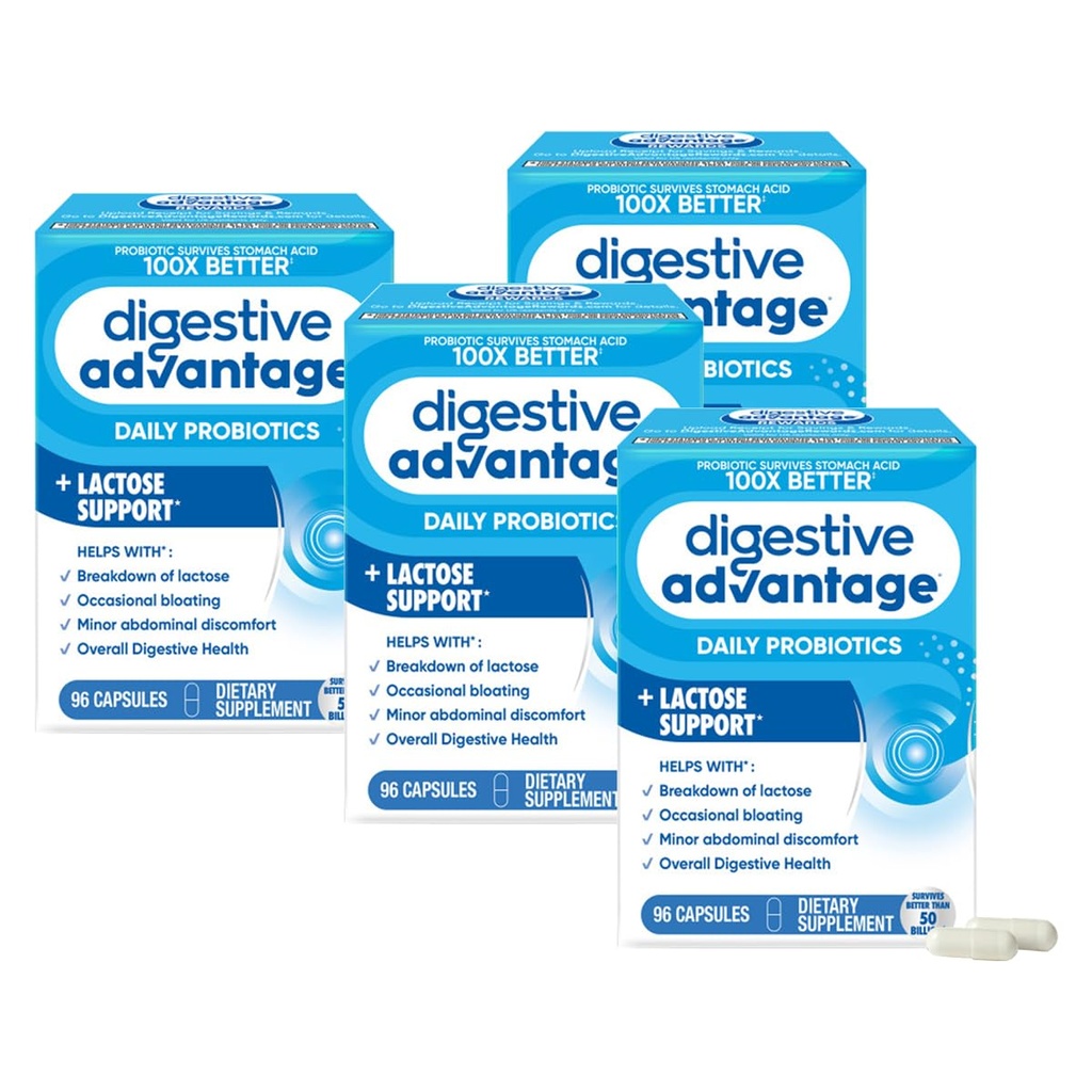 Avantage digestif Enzymes de défense contre la lactose + Probiotiques pour les femmes et les hommes Bloatation occasionnelle, ventilation de la lactose, troubles abdominaux mineurs, soutien immunitaire, 96 capsules de comptage (4 pack)