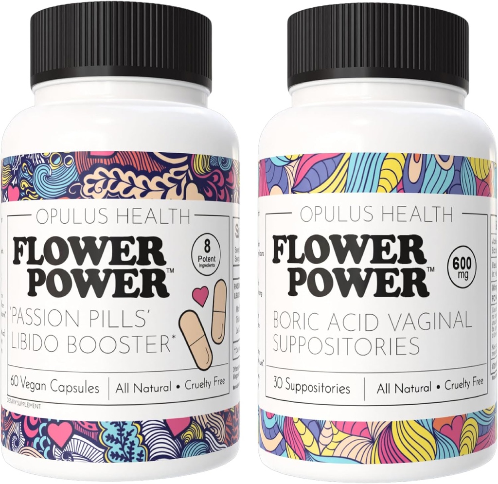 Fleur Power - Passion Pills Libido Booster & Boric Acid Suppositories – Ensemble de soins féminins tout naturel pour une amélioration de la libido, du contrôle de l'odeur et de la santé vaginale équilibrée – 60 Capsules Vegan, 600mg – Ma