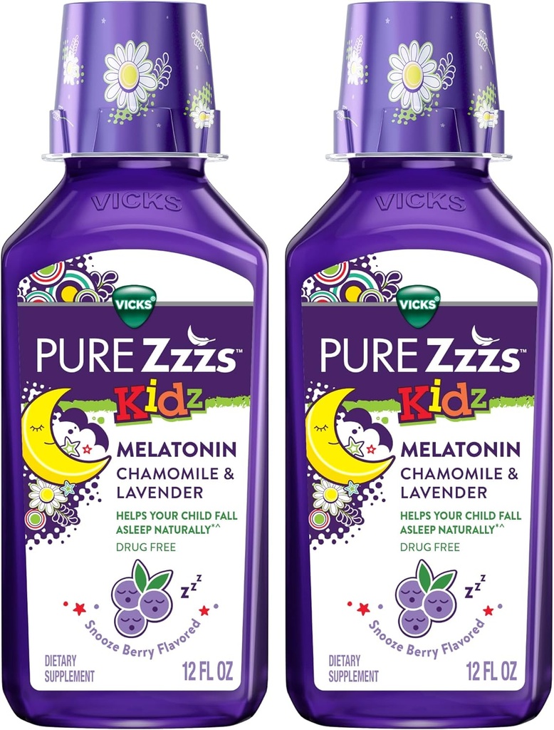Vicks Pure Zzzs Kidz Melatonin, Kinder Melatonin Flüssigkeit, Schlafhilfe, Drug-Free, Liquid Melatonin 1mg, mit Chamomile & Lavender, Melatonin Schlafhilfen für Kinder, Snooze Berry Flavored, 2 Pack, 24 FL OZ