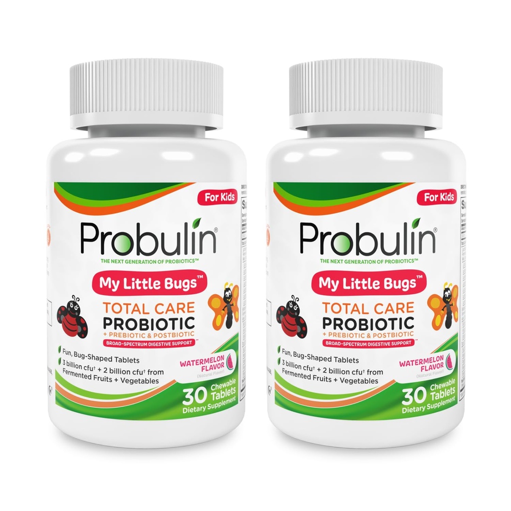 Probulin Total Care My Little Bugs Prebiotics, Probiotics & Postbiotics - 5 miliardi di CFU - 15 strati - 30 compresse masticabili (Twin Pack)