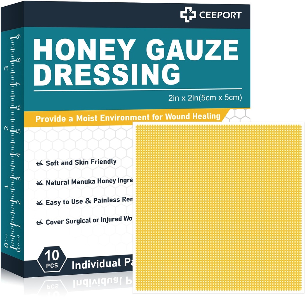 Manuka Honey Gauze Wound Dressing 2" x 2",10 Pack Manuka Honey Wound Care Pads, bandages de miel de qualité médicale pour les soins des plaies, lot de miel pour une guérison plus rapide des brûlures, abrasions, cuts et scalds