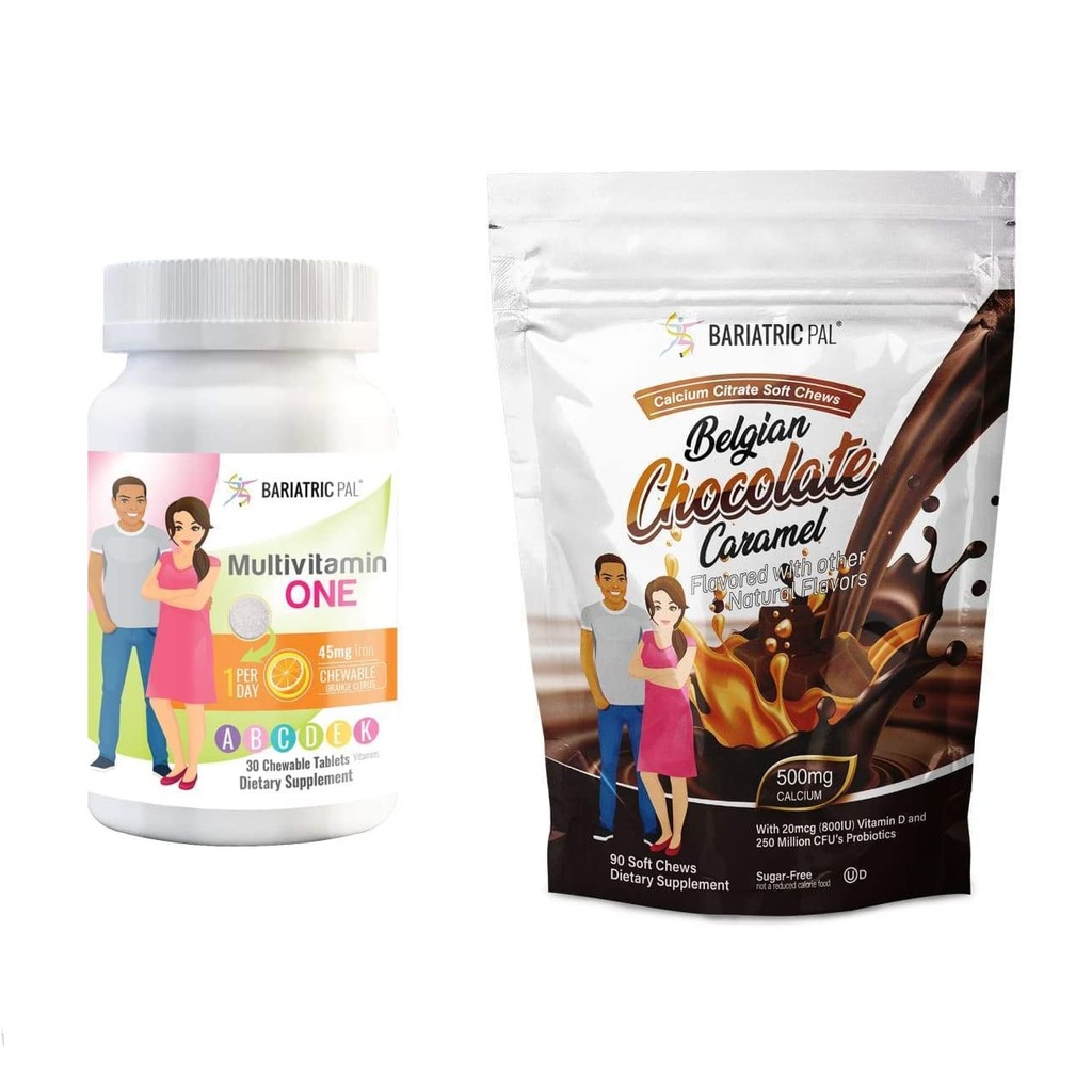 BariatricPal 30-Day Bariatric Vitamine Bundle (Multivitamine ONE 1 par jour! avec 45mg à mâcher de fer - Citrus orange et Citrate de calcium Mâches douces 500mg avec Probiotiques - Caramel de chocolat belge)