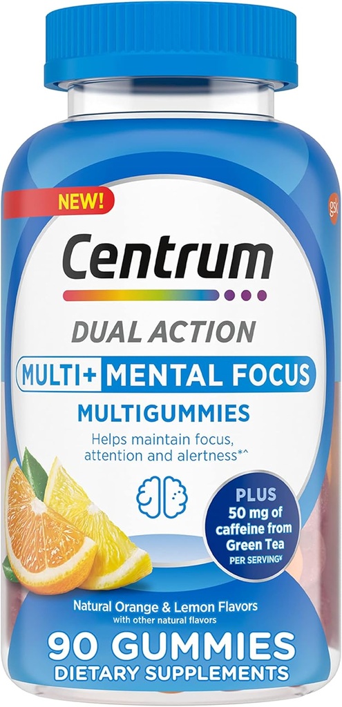 Centrum MultiGummies Multi+ Dual Action Mental Focus Adult Multivitamin mit Koffein aus grünem Tee, unterstützt Mental Fokus, Aufmerksamkeit und Alertness, Zitronen/Orange Flavors - 90 Count