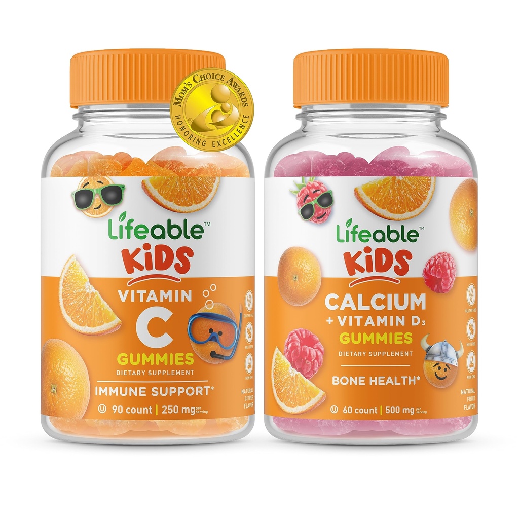 Lebensfähiges Vitamin C Kinder + Kalzium mit Vitamin D Kinder, Gummis Bundle - Große Verkostung, Vitamin-Ergänzung, Glutenfrei, GVOfrei, Kaugummi