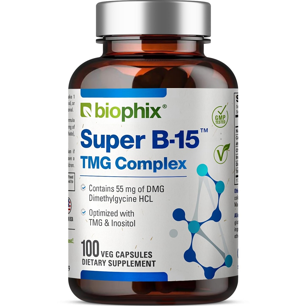 Biophix Super B-15 100 Veggie Caps - Niacin Calcium Choline Inositol DMG TMG - Soutient des niveaux d'énergie d'oxygène sains