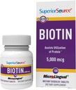 Sorgente superiore Biotin 5000 mcg. Sotto la lingua rapidamente dissolvere le compresse microLingual, 100 Conte, Supporta i capelli sani, la pelle e la crescita delle unghie, aiuta a sostenere il metabolismo energetico, non OGM