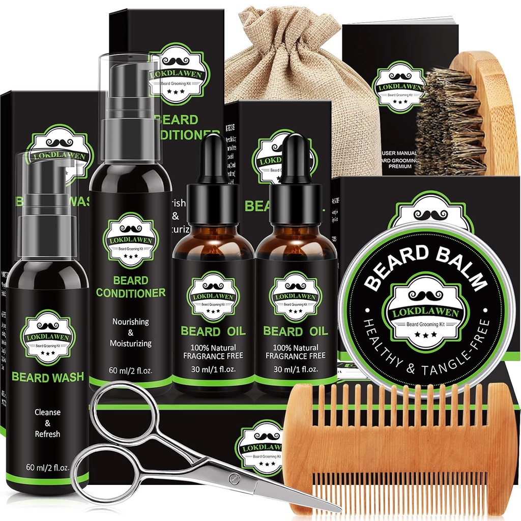 Bart-Kit für Männer mit Bart Wash, Bart Conditioner, Bartöl, Bart Balm, Brush, Comb, Schere, Aufbewahrungstasche, Geschenke für Männer Dad Husband Freund