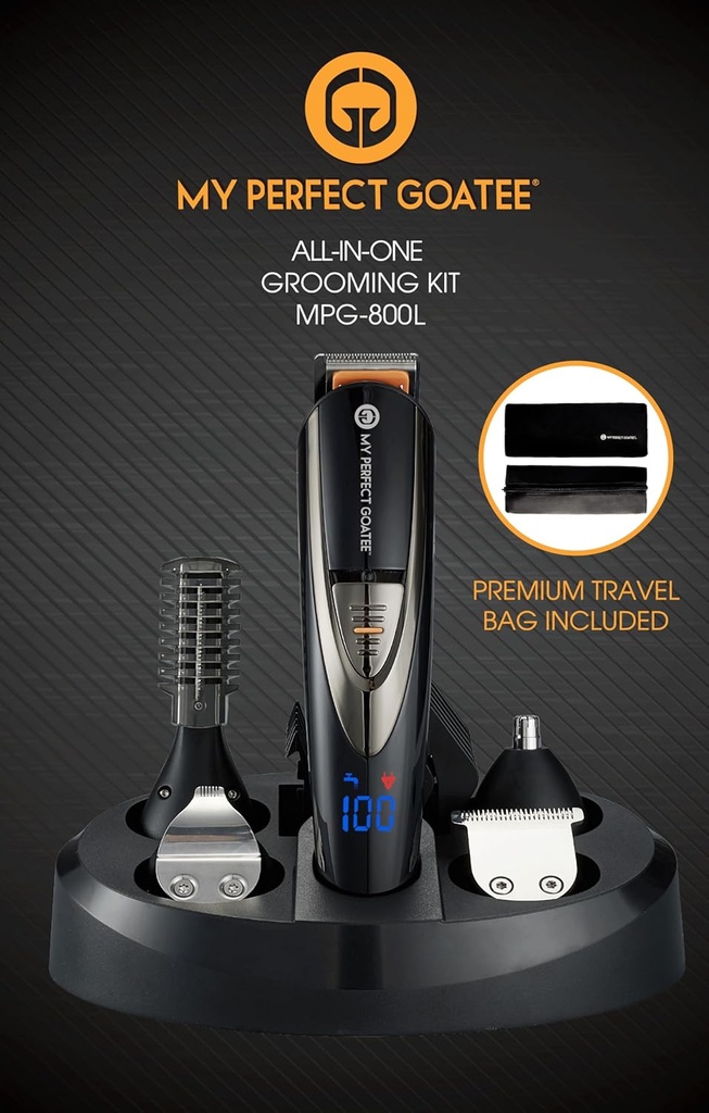 My Perfect Goatee®️ 13-in-1 Mens Grooming Kit - LED Display Bart Trimming Kit mit Reisetasche, Ladestand, &amp; mehr - Wasserdicht, Cordless Electric Trimmer für Nase, Körper, &amp; mehr - Ideale Geschenk-Set