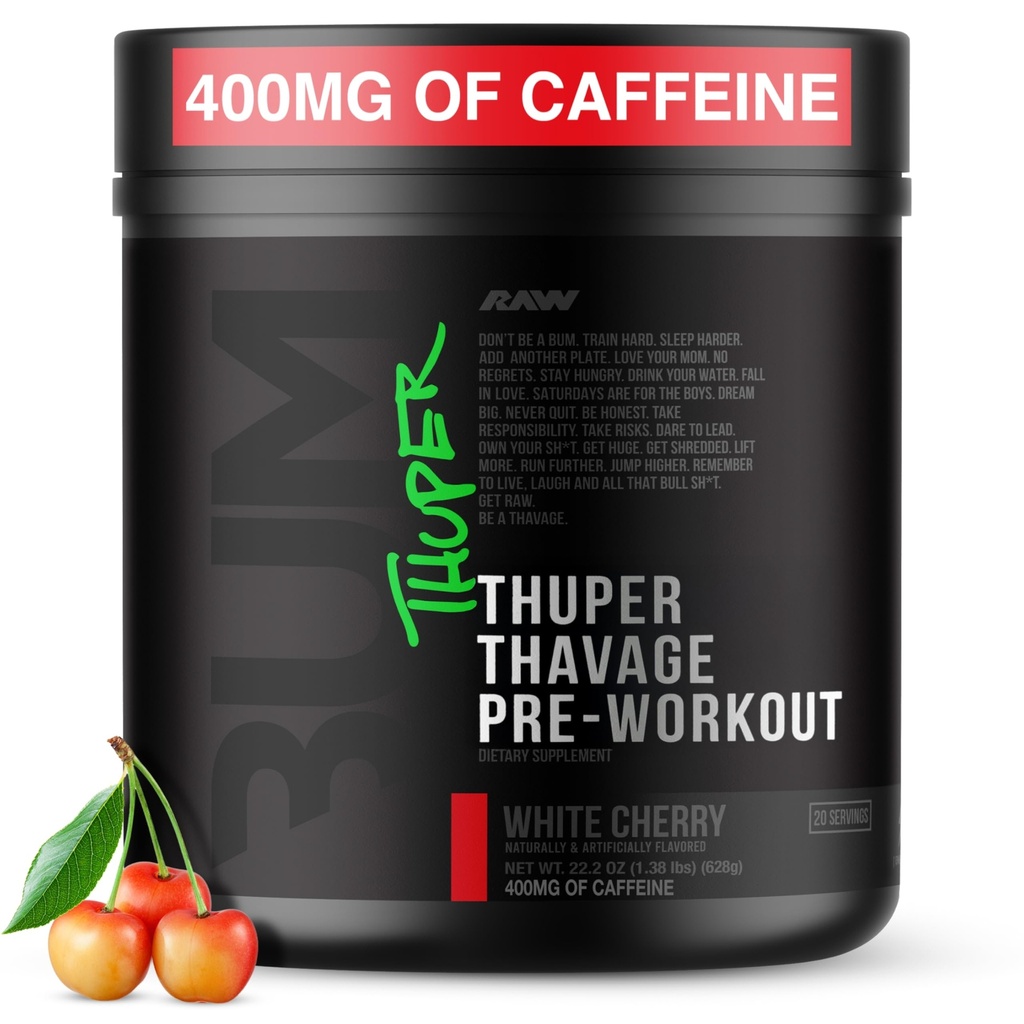 RAW Thuper Thavage Pre Workout Powder - High-Stim Preworkout mit Kreatin, Beta Alanine, L-Citrulline & Caffeine - Chris Bumstead Gym & Fitness Supplement für Herren & Frauen - Weiße Kirsche