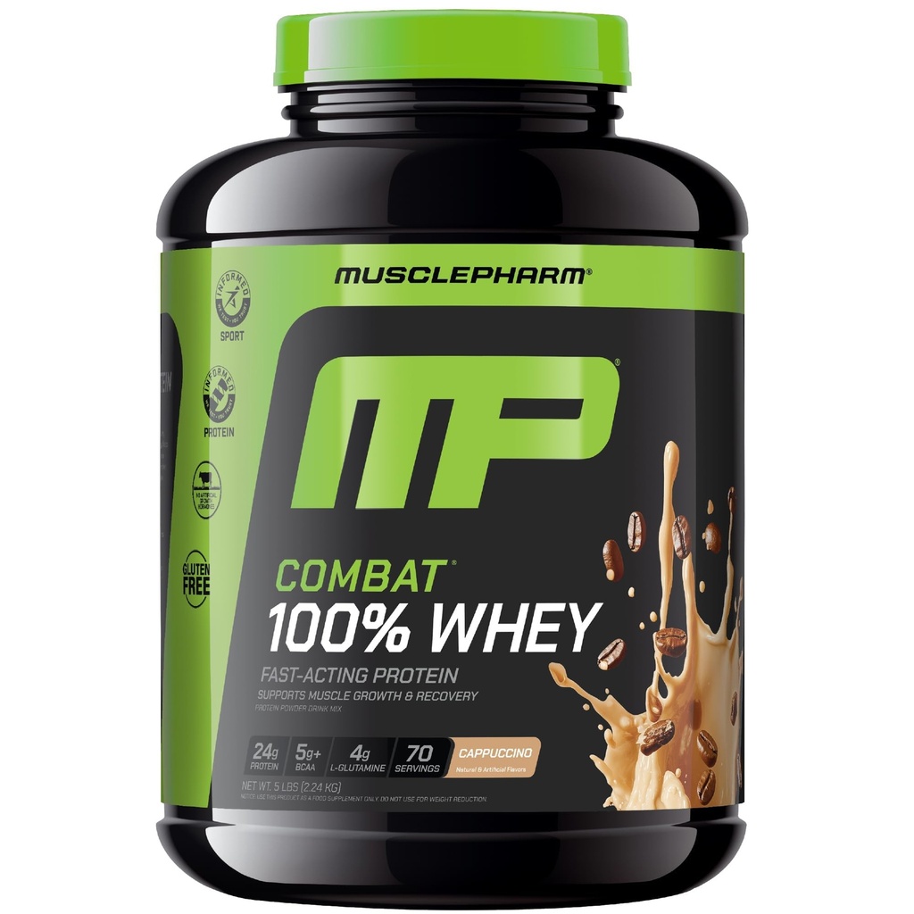 MusclePharm Combat 100% Poudre de protéines de lactosérum, Cappuccino Flavor, Récupération rapide et gain musculaire avec Isolation de protéines de lactosérum, Poudre de protéines haute pour les femmes et les hommes, Sans gluten, 5 lb, 70 portions
