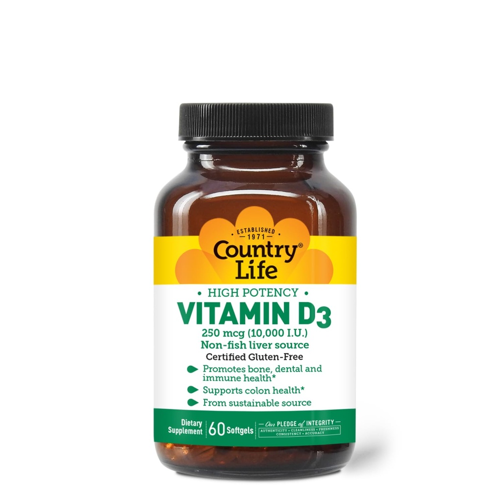 Pays Vie Vitamine D3 10 000 UI – Haute puissance, source non-poêle.