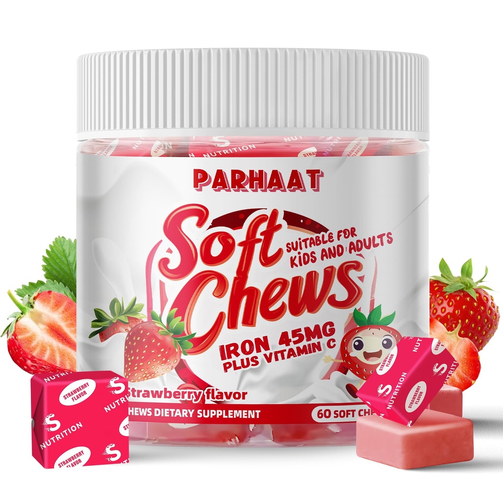 Supplément en fer doux à mâcher avec vitamine C. Fraise aromatisée.