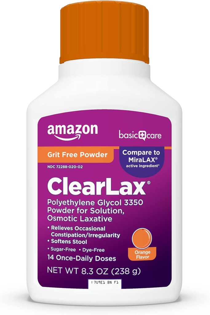ClearLax Polyethylene Glycol 3350 polvere per la soluzione, aroma d'arancia, lassativo osmotico, addolcitore di sgabello, allevia la costipazione occasionale, 8.3 oncia (pacchetto di 1)