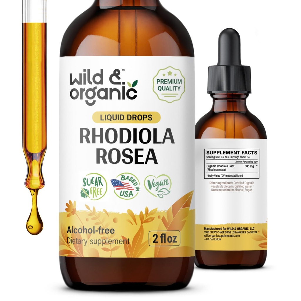 Wild & Organic Rhodiola Rosea Tincture - Mood Support - Rilassante Rhodiola Supplemento - Root Extract Liquid Drops - Vegan, Sugar & Alcohol-Free - 2 fl oz