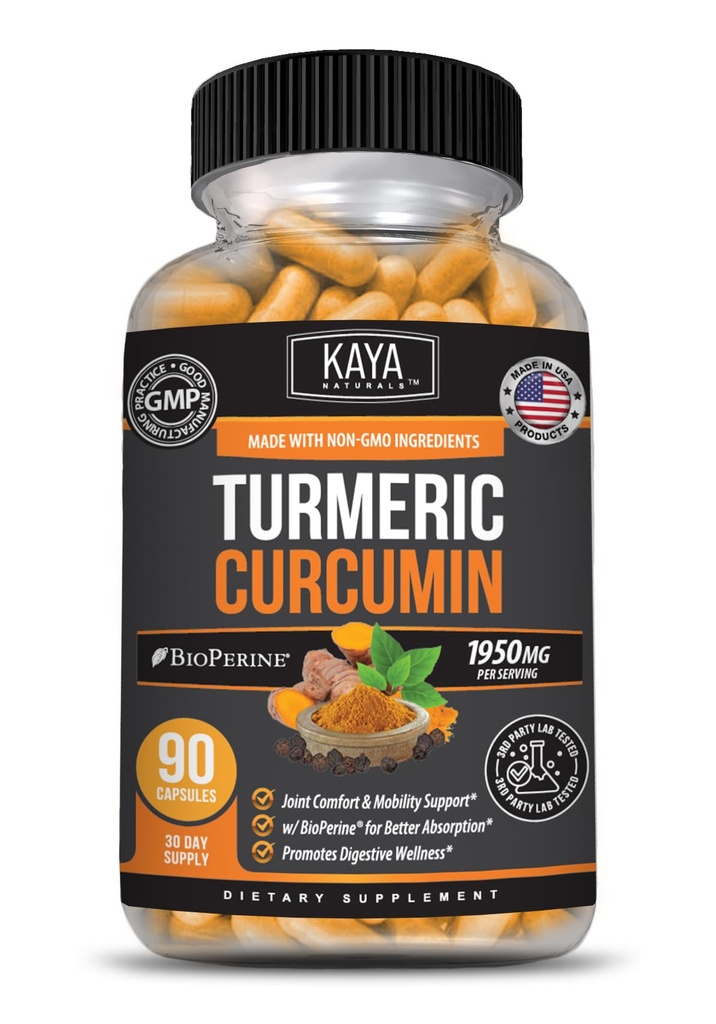 Kaya Naturals Turmeric Platinum, 60 Count Capsules, Bioperine, Premium-Unterstützung mit 95% Standardisierte Curcuminoide - 60 Kapseln