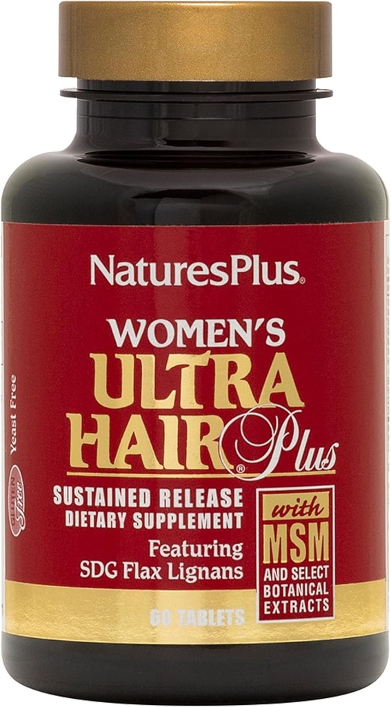 NaturesPlus Women's Ultra Hair Plus, Rilascio Accolto - 60 compresse - Integratore di Crescita dei Capelli All-Natural - con Biotin - Promuove Capelli Sani, Pelle & Nails - Senza Glutine - 30 Serve