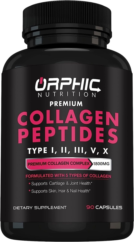 ORPHIC NUTRITION Collagen Peptide Kapseln für Frauen,1800mg Multi Collagen Pillen Typ I, II, III, V, X - unterstützt Verdauungsgesundheit Pflege starker Gelenke, Tendons, Ligaments und Muskeln* 90 Caps
