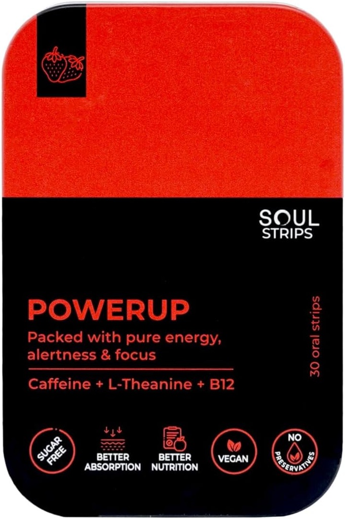 Soul Strips Power Up - Workout + Energy Oral Strips mit Koffein, L-Theanin, Vitamin B12, Strawberry Flavor, Enhances Metabolism, Quick Absorb, Daily Use, Zero Sugar, Vegan, 30 Strips Pack