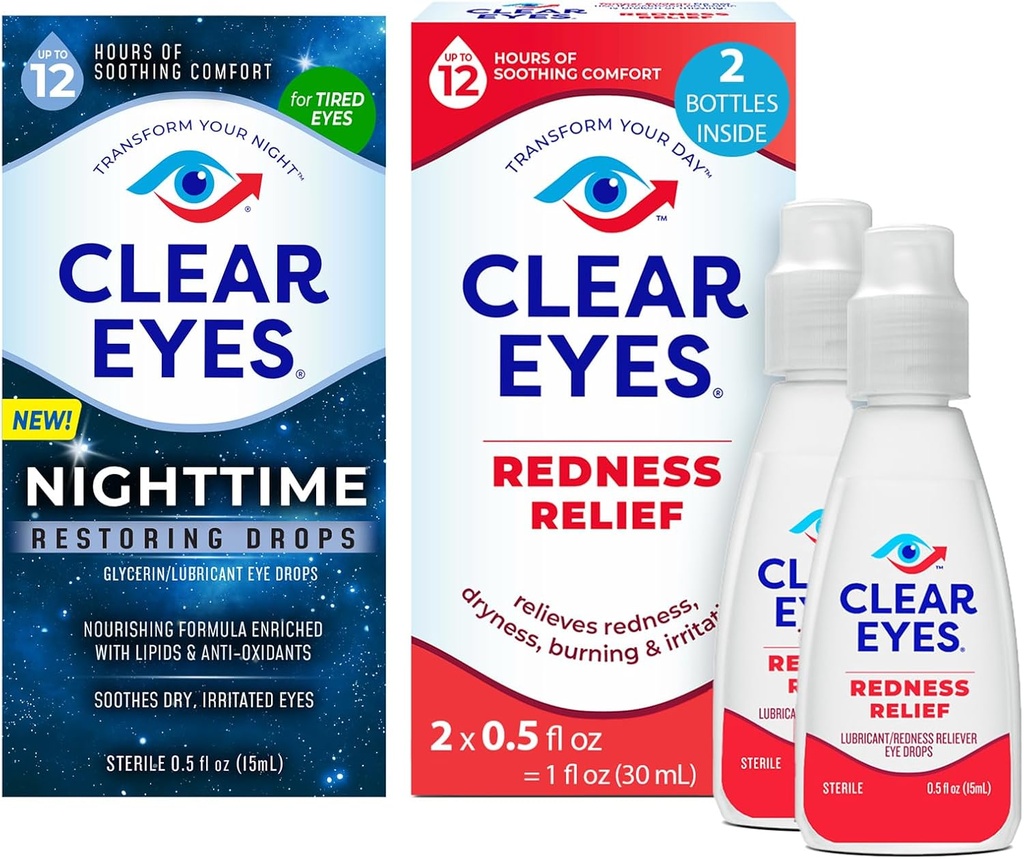 Ensemble d'yeux clairs La nuit Restaurer les yeux Des gouttes, Relief de nuit Des gouttes d'yeux secs, 0.5 Fl Oz + Les yeux clairs Des gouttes d'yeux Relief de rougeur, 0.5 oz, Dual Pack