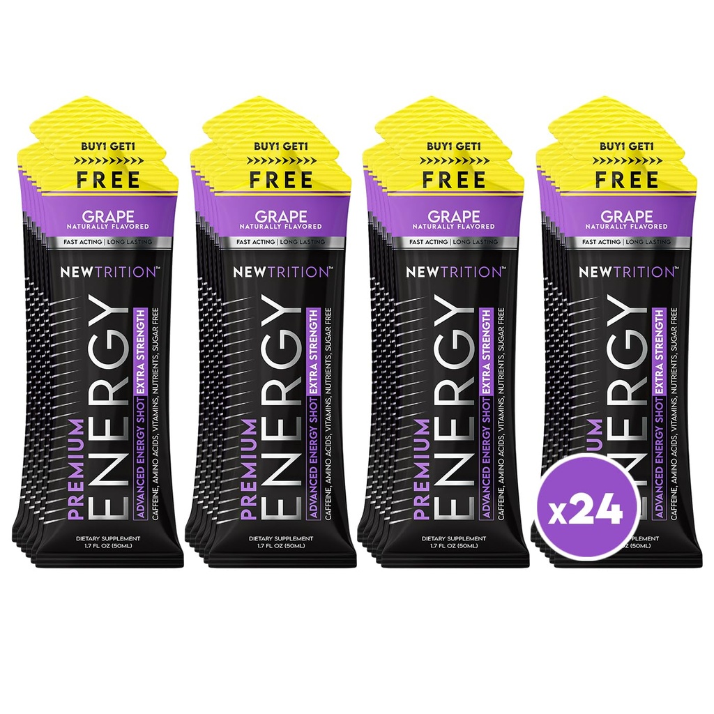 NewTrition® Extra Strength Energy Shots, 250mg Caffeine Energy Shots avec les acides B et aminos de vitamine, sans sucre, 1,7 fl oz (paquet de 24 raisins)
