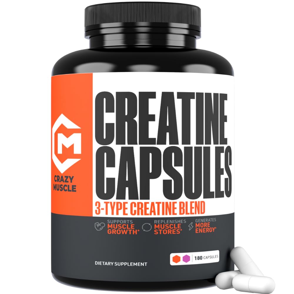 Creatina capsule, 5g Premium 3X ThreeAtine Pre Workout Bulk Muscle Mass Gainer, ad alto assorbimento Facile da prendere Creatine Monohydrate Pills Alternative Optimum Performance per le donne degli uomini, 180 capsule