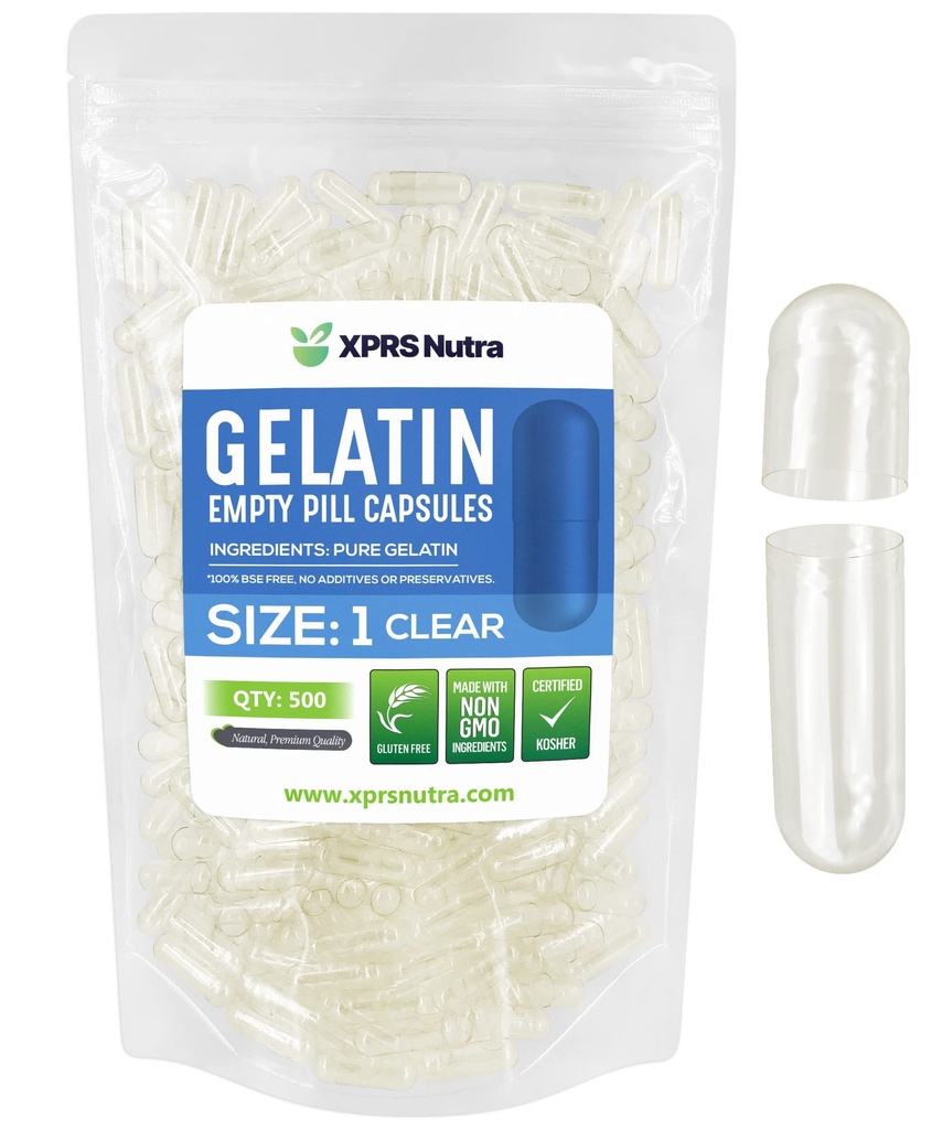 XPRS Nutra Größe 1 Leere Kapseln - 500 Graf Leere Gelatine Kapseln - Pillen DIY Kapsel Füllung - Pure Bovine Pille Gel Kapseln für Do-It-Yourself Ergänzungen (Clear)