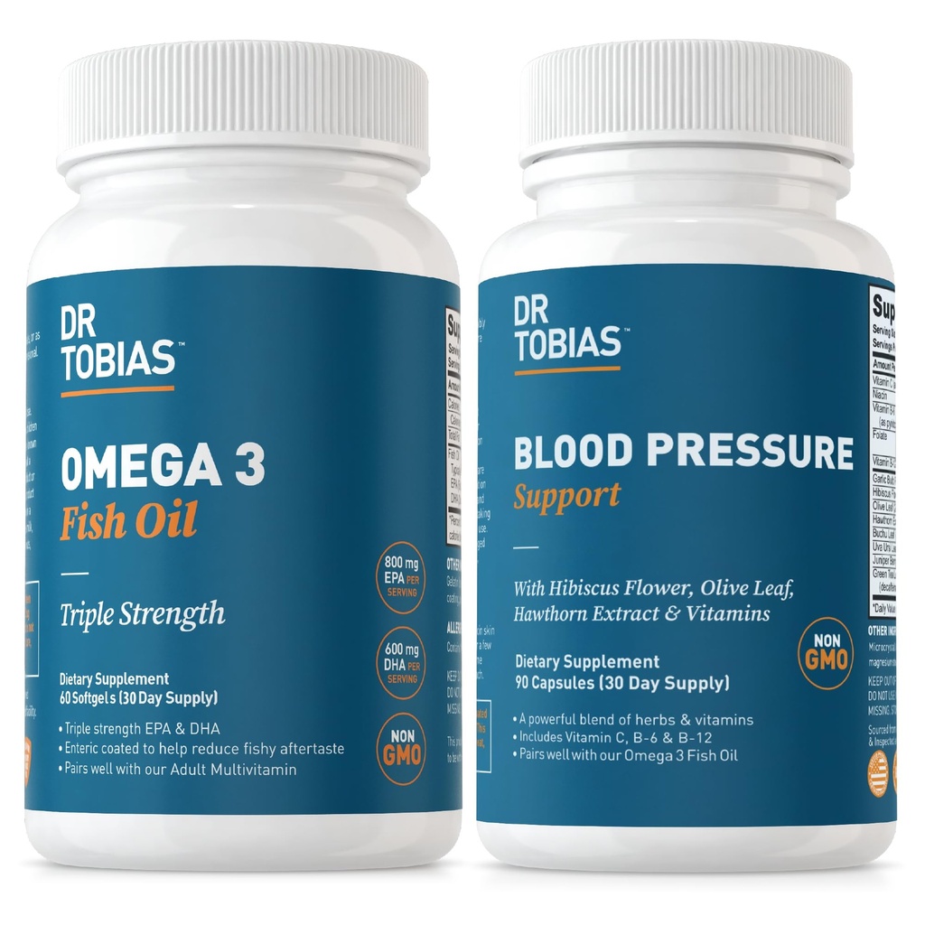 Dr Tobias Omega 3 Suppléments de soutien à l'huile de poisson et à la pression artérielle pour le coeur, le cerveau, l'immunité, la santé circulatoire, avec vitamine C, B6, B12, niacine, folate et herbes
