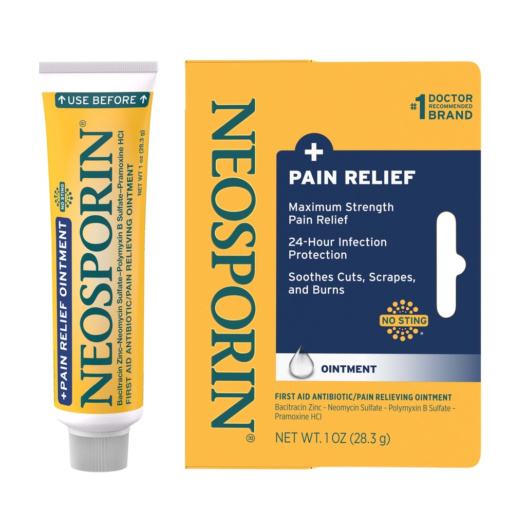 Neosporin + Maximum-Strength Triple Antibiotische Salbe mit Schmerzlinderung, Dual Action Erste Hilfe Wound Care, No-Sting Formel mit Pramoxin HCl, Bacitracin Zink, 1 Unze Single Tube