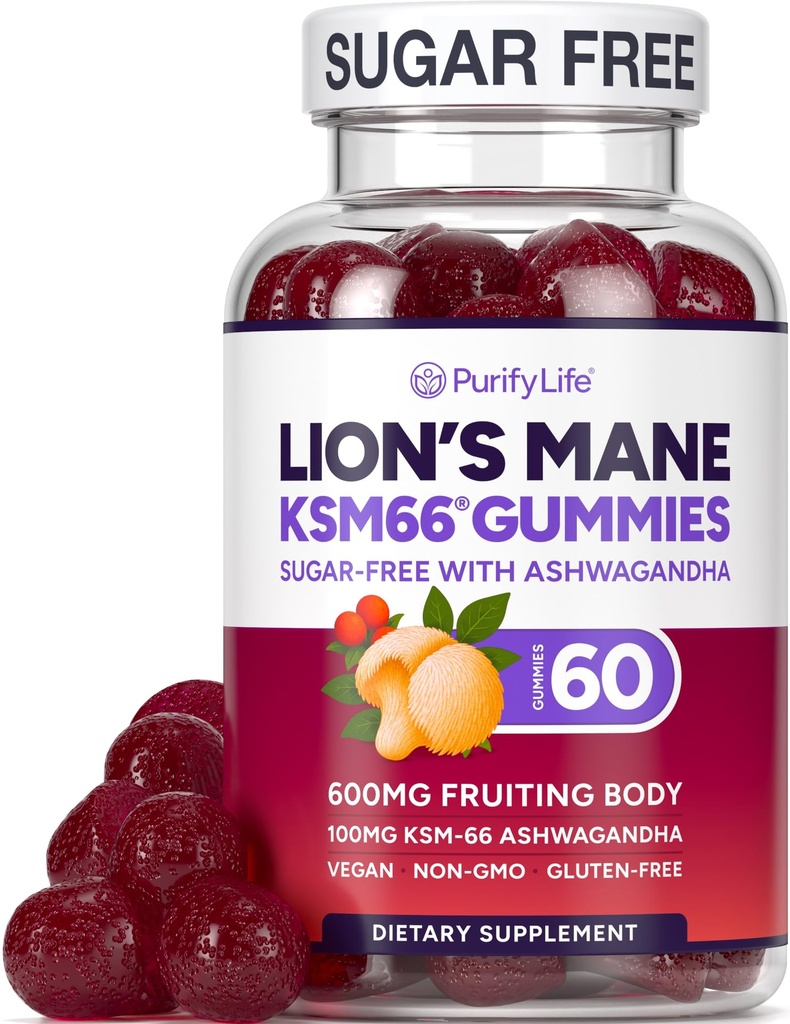 Sugar Free Lions Mane Supplement Gummis mit KSM-66 Ashwagandha - Nootropic Supplement für Kognition, Brain Fog, Mental Clarity, Focus & Stress Support - Natural Berry Flavor, Vegan, Made in USA