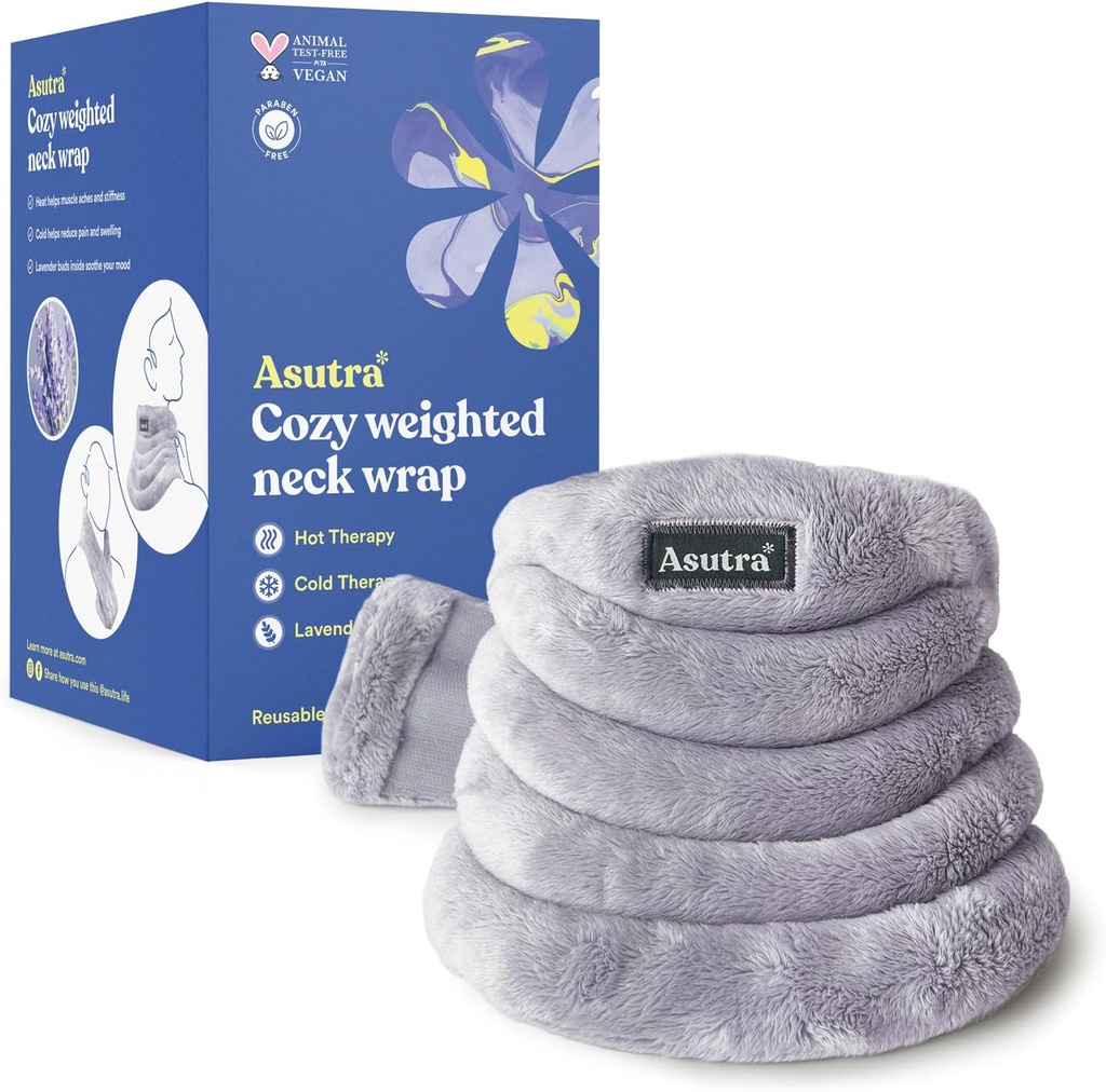 ASUTRA Enveloppe de cou pondéré, gris peluche - Plaquette de chauffage micro-ondes mains libres pour le cou et les épaules, Compresseur chaud et froid, Lavande Aromatherapy