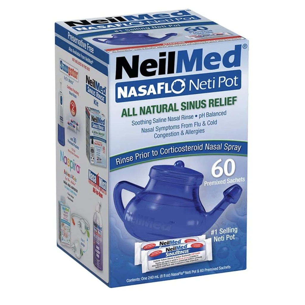 NeilMed NasaFlo Unbreakable Neti Pot avec 60 paquets prémélangés