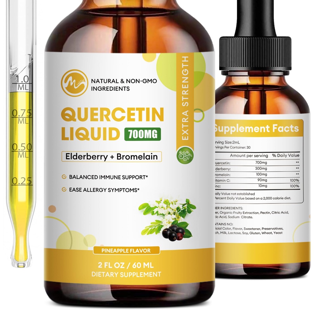Quercetin Liquid Drops - Quercetin Ergänzungen 700mg - 4X Stärkere Pillen & Kapseln - 5 in 1 Quercetin mit Bromelain Elderberry Vitamin für Immunität Gesundheit Atmungsaktive Gesundheit Hautpflege- 2 Fl Oz