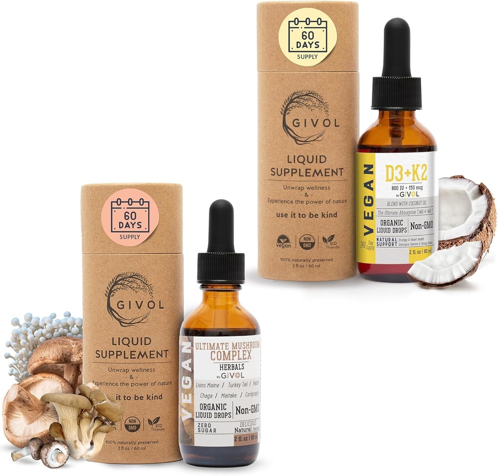 Ultimate Mushroom Complex Liquid Drops mit Vitamin D3 + K2 (MK4 & MK7) für natürliches Wellness: Pflanzenbasiert, Vegan-Formel mit fraktioniertem Kokosöl - Unterstützt und tägliche Vitalität