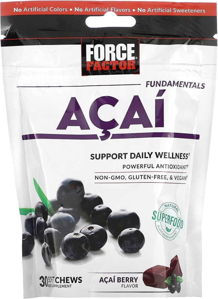 Force Factor Acai Soft Chews für Immununterstützung, Oxidative Stress Defense, und tägliche Wellness, Superfood und Antioxidants Supplement, Non-GMO, Gluten-Free, und Vegan, Acai Berry Flavor, 30 Soft Chews