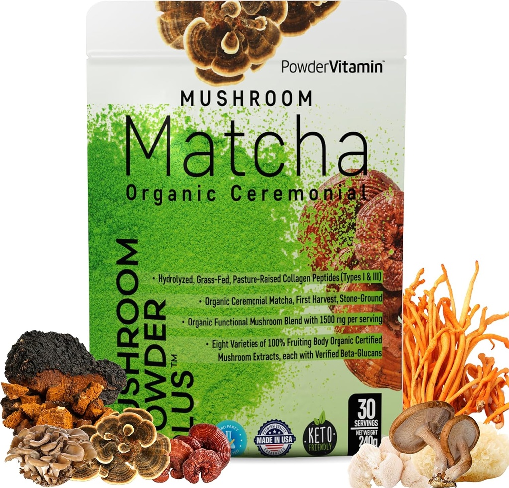 PowderVitamin Organic Mushroom Matcha Certified Pesticide-Free Grass-Fed Collagen Tipi I & III 8 Funghi del corpo di fruttificazione Testati per Beta-Glucans Focus Digestione & Immunity 30 Serve