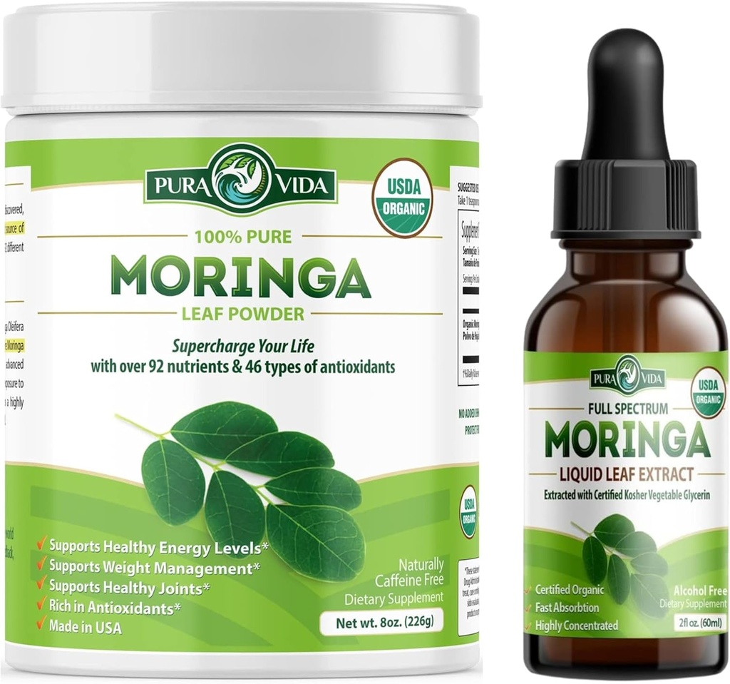 Moringa Powder Organic Single Origin (8 oz) and Moringa Leaf Extract Drops (2fl oz)