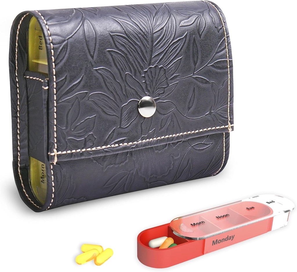 Pill Organizer, LIZIMANDU Weekly Travel Pill Case Box Medication Reminder Daily AM, Day Night 7 Compartments, für 4 Mal A Day, 7 Tage pro Woche-Includes Leather PU Carrying Case(1-Carved Black)